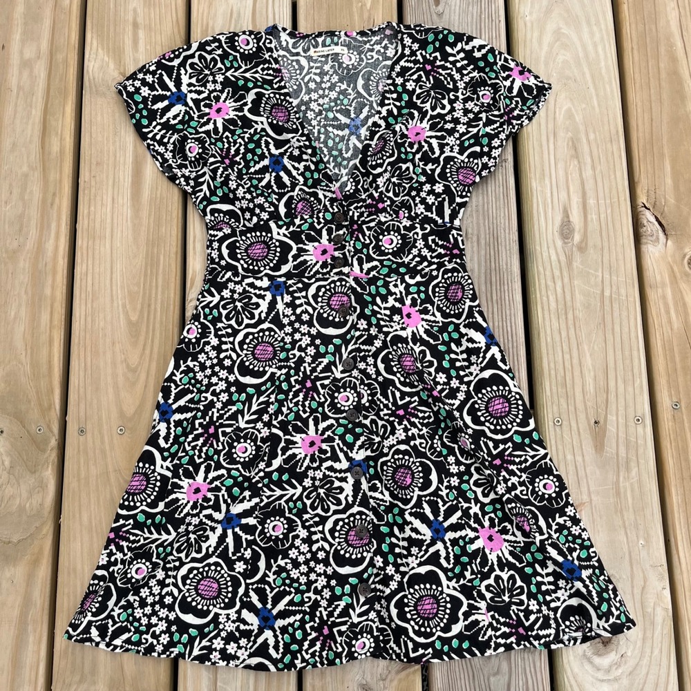Marine Layer Dress Camila Mini V Neck Short Sleeve Black Floral Hemp Blend XS